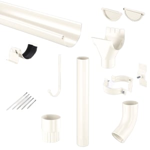 Niagara dakgoten set van zuiverwit staal (RAL 9010) met 50 µm Polyurethan coating, alle componenten