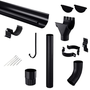 Niagara stalen dakgoten set, gitzwart RAL 9005, met diverse onderdelen zoals goot, bochten, beugels, buis