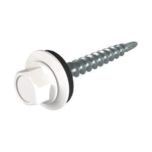 Verzinkte schroef met zeskantkop en afdichting, zuiverwit (RAL 9010) gelakt, voor diepe golf op hout