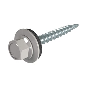 Verzinkte schroef, aluminiumkleurig (RAL9007), met zeskantkop en afdichtring, hoofdaanzicht