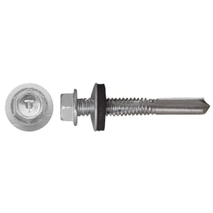 Verzinkte schroef, Zilver-Metallic, met zeskantkop en afdichtring, zijaanzicht en kop bovenaanzicht