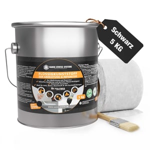 Vloeibare kunststof set zwart 5 kg met kwast en vliesrol, belangrijke gegevens weergegeven
