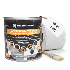 Vloeibare kunststof set, witte emmer 1 kg, kwast en dichtingsvlies, belangrijke gegevens getoond