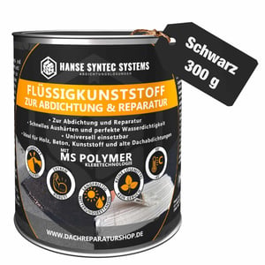 Blik DACHPROTECT vloeibaar kunststof zwart 300 g met productinformatie en toepassingsvoorbeelden