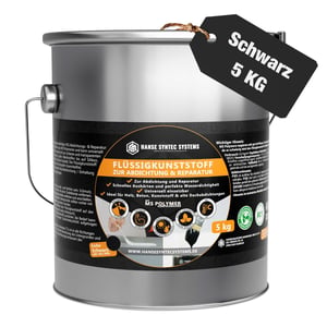 DACHPROTECT vloeibare kunststof zwart 5 kg emmer, met productinformatie en zwart etiket