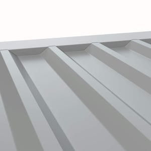 Tandplaat ongeperforeerd, zilvermetallic (RAL 9006), 0,75 mm staal, schuin bovenaanzicht van de profilering