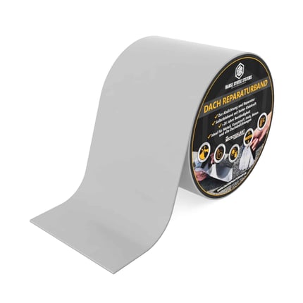 Dak reparatieband EPDM grijs, rol met productinformatie en toepassingsvoorbeelden