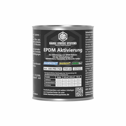 EPDM activering 750 ml blik van DACHPROTECT, zwart etiket met productinformatie en QR-code