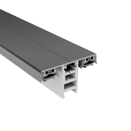 Mendiger middenprofiel 16 mm, donkergrijs aluminium met witte kunststof onderbouw, detail van de profielstructuur
