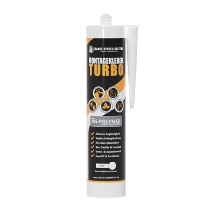Montagelijm Turbo wit, koker met zwart etiket en witte tekst, ingebedde eigenschappen