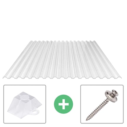 Helder polycarbonaat damwandplaten voordeelpakket 76/18 met afstandhouders en schroeven