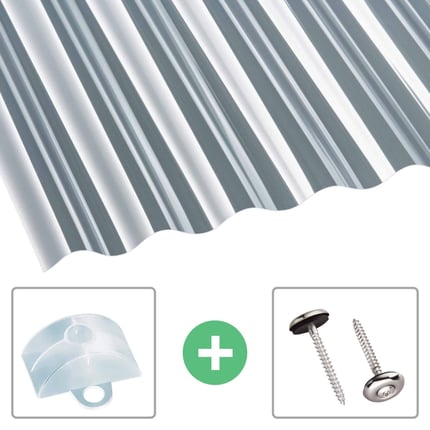 Helder Scobalit polycarbonaat golfplaat 76/18, 1,30 mm dik, met bevestigingsmateriaal zoals schroeven en afstandhouders