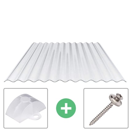 Polycarbonaat golfplaat 76/18, helder, 0,90 mm, met afstandhouder en RVS schroef