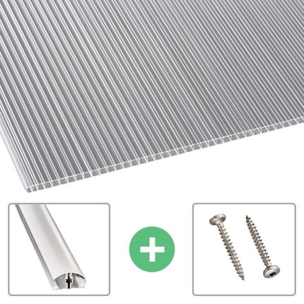 Polycarbonaat dubbelwandige plaat 10 mm helder, met accessoires zoals aluminium profiel en twee schroeven