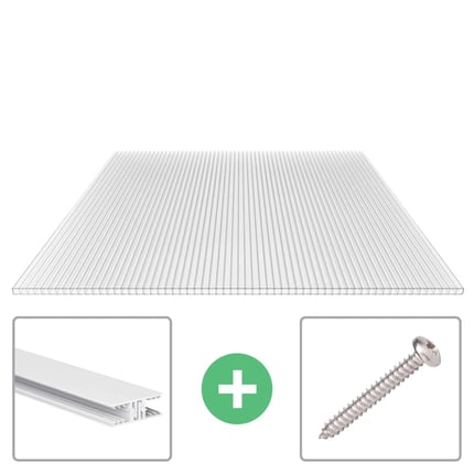 Polycarbonaat kanaalplaat 10 mm, helder, met bevestigingsprofiel en schroef