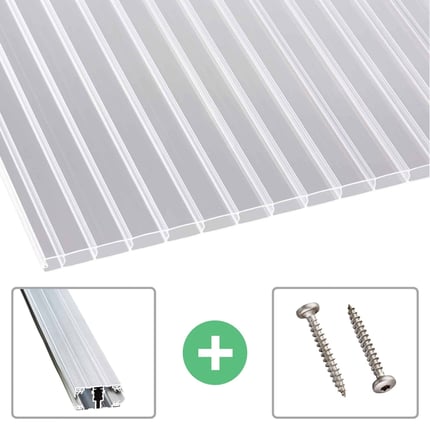 Helder Scobalit polycarbonaat dubbelwandige plaat 16 mm, met bevestigingsprofiel en schroeven