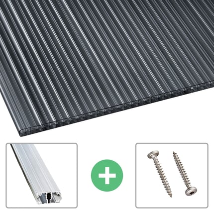 Polycarbonaat lichtplaat 16 mm grafiet met aluminium profiel en schroeven voor montage