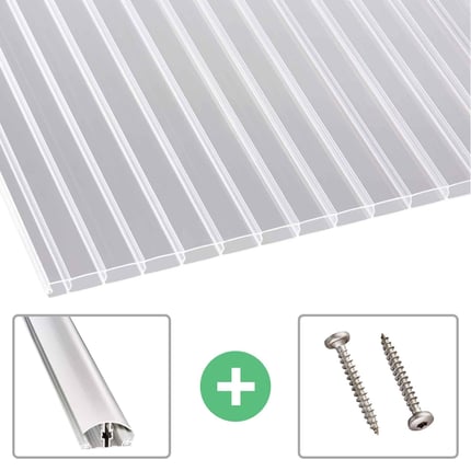 Helder Scobalit polycarbonaat dubbelwandige plaat 16 mm met aluminium profiel en schroeven