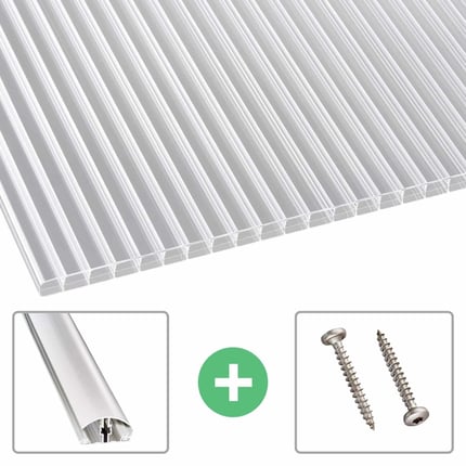 Polycarbonaat kanaalplaat 16mm helder, met aluminium profiel en twee schroeven als accessoires