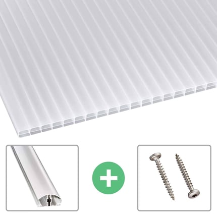 Polycarbonaat kanaalplaat 16 mm opaal wit, met accessoires zoals aluminium profiel en schroeven
