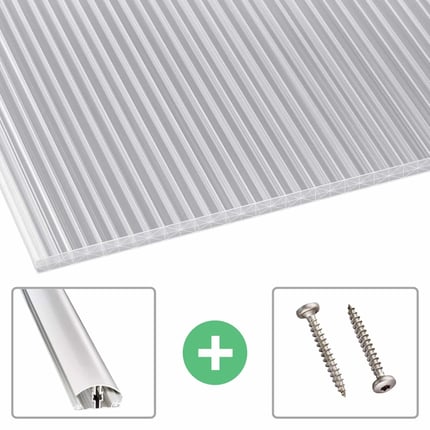 Polycarbonaat kanaalplaat 16 mm, helder, met accessoires: afwerkprofiel en plaatschroeven