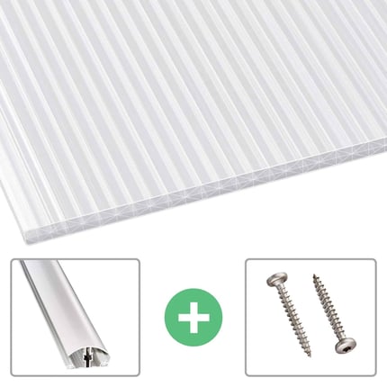 Polycarbonaat kanaalplaat 16 mm opaal wit, met accessoires zoals aluminium profiel en schroeven