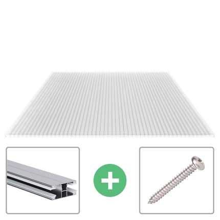 Helder polycarbonaat lichtplaat 16 mm, profiel DUO, met aluminium profiel en schroef