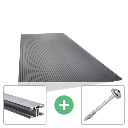 Polycarbonaat kanaalplaat 16 mm antraciet met aluminium profiel en schroef als voordeelpakket