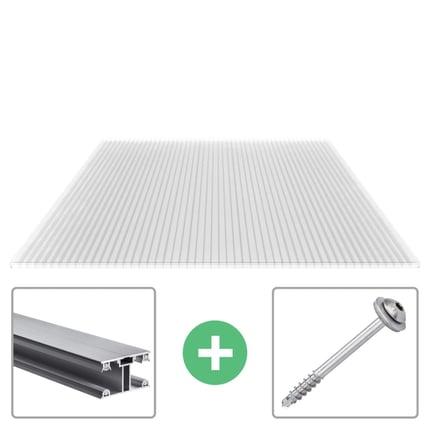 Polycarbonaat kanaalplaat 16 mm helder, 3-wandig, met aluminium profiel en schroef als voordeelpakket