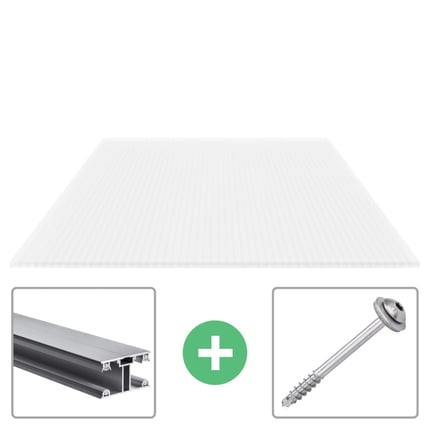 Polycarbonaat lichtplaat 16 mm opaal wit met aluminium profiel en schroef als set