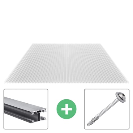 Helder 16 mm polycarbonaat lichtplaat, hoofdweergave met montageprofiel en schroef
