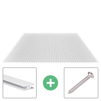 Helder polycarbonaat kanaalplaat 16 mm met Zevener Sprosse profiel, inclusief bevestigingsmateriaal en schroef