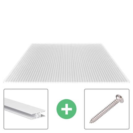 Polycarbonaat kanaalplaat 16 mm helder, met bevestigingsmateriaal en schroef als voordeelpakket