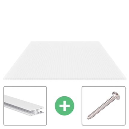 Polycarbonaat lichtplaat 16 mm opaal wit, hoofdaanzicht met bevestigingsprofiel en schroef