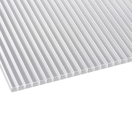 Polycarbonaat kanaalplaat 16 mm, helder, schuin van boven, met zichtbare kanalen en kamers