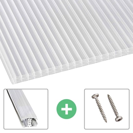 Helder polycarbonaat kanaalplaat 25 mm met 7 kamers, inclusief aluminium profiel en schroeven