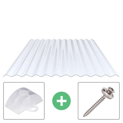 PVC golfplaat 76/18, 1,30 mm, helder, met afstandhouder en RVS schroef