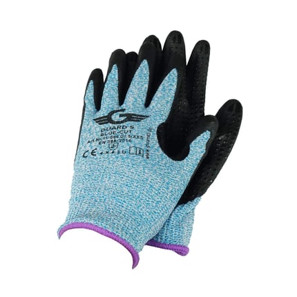 Snijhandschoenen van blauw nylon, handrug met Weckman logo en CE-markering, handpalmen zwart gerubberd