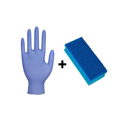 Spons en nitrilhandschoen in blauw, vrijstaand met plusteken