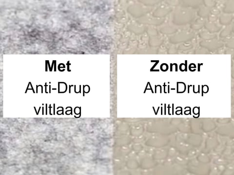 Vergelijking van de oppervlakken van felsplaten, links met viltlaag ter bescherming tegen condensatie, rechts zonder vilt toont druppelvorming