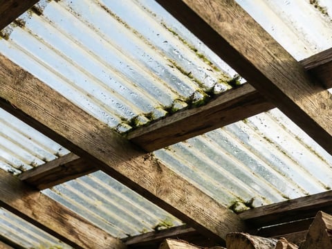 Detailaanzicht van een houtopslagplaats met transparante PVC-golfplaten