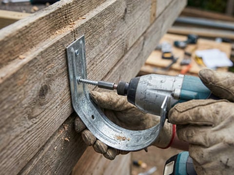 Detailweergave van een dakgootbevestiging aan het tuinhuisje
