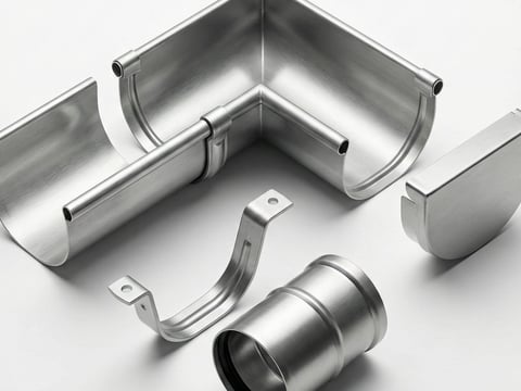 Detailweergave van een geïnstalleerde regengoot met aansluiting voor een regenpijp