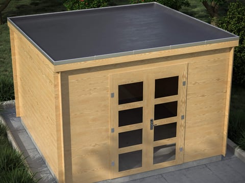 Modern houten tuinhuis onder groene bomen met een naadloos gelegd plat EPDM-dak voor langdurige bescherming