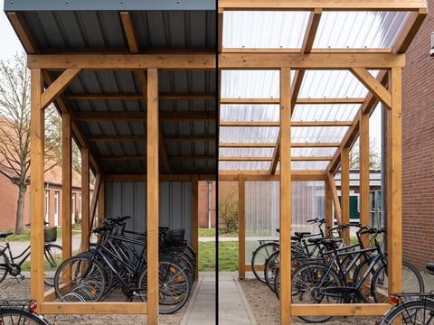 Vergelijking van een metalen dak en een lichtdoorlatend dak voor een fietsenoverkapping