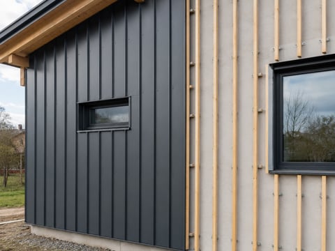 Geventileerd regelwerk met luchtspouw achter een metalen gevelbekleding