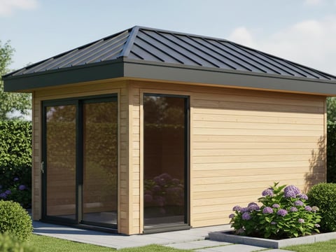 Tuinhuis met damwandplaat-dakbedekking in antraciet