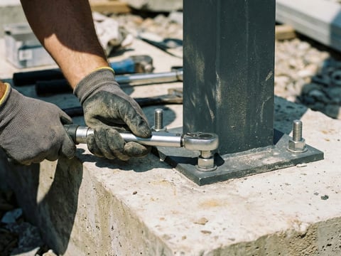Montage van een aluminium paal op een betonnen fundering