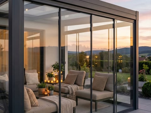 Aluminium terrasoverkapping uitgebreid met glazen schuifdeuren tot een beschermde zomertuin / koude wintertuin