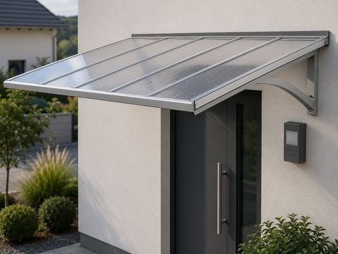 Detailaanzicht luifel met heldere kanaalplaten in aluminium montage-profielen